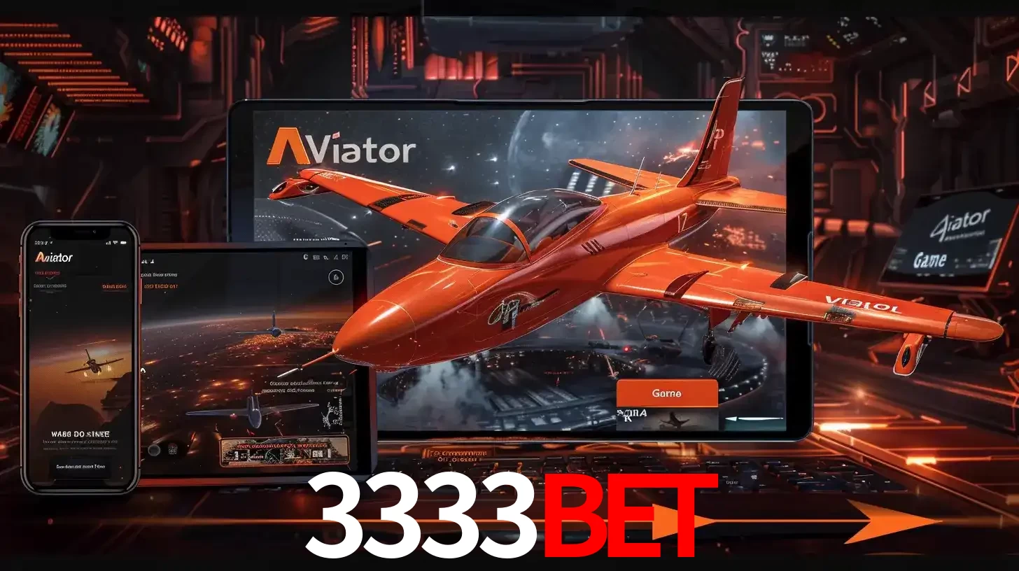 Apresentação tecnológica do jogo Aviator com um avião saindo da tela de um tablet, demonstrando a experiência imersiva em múltiplos dispositivos no 3333BET.
