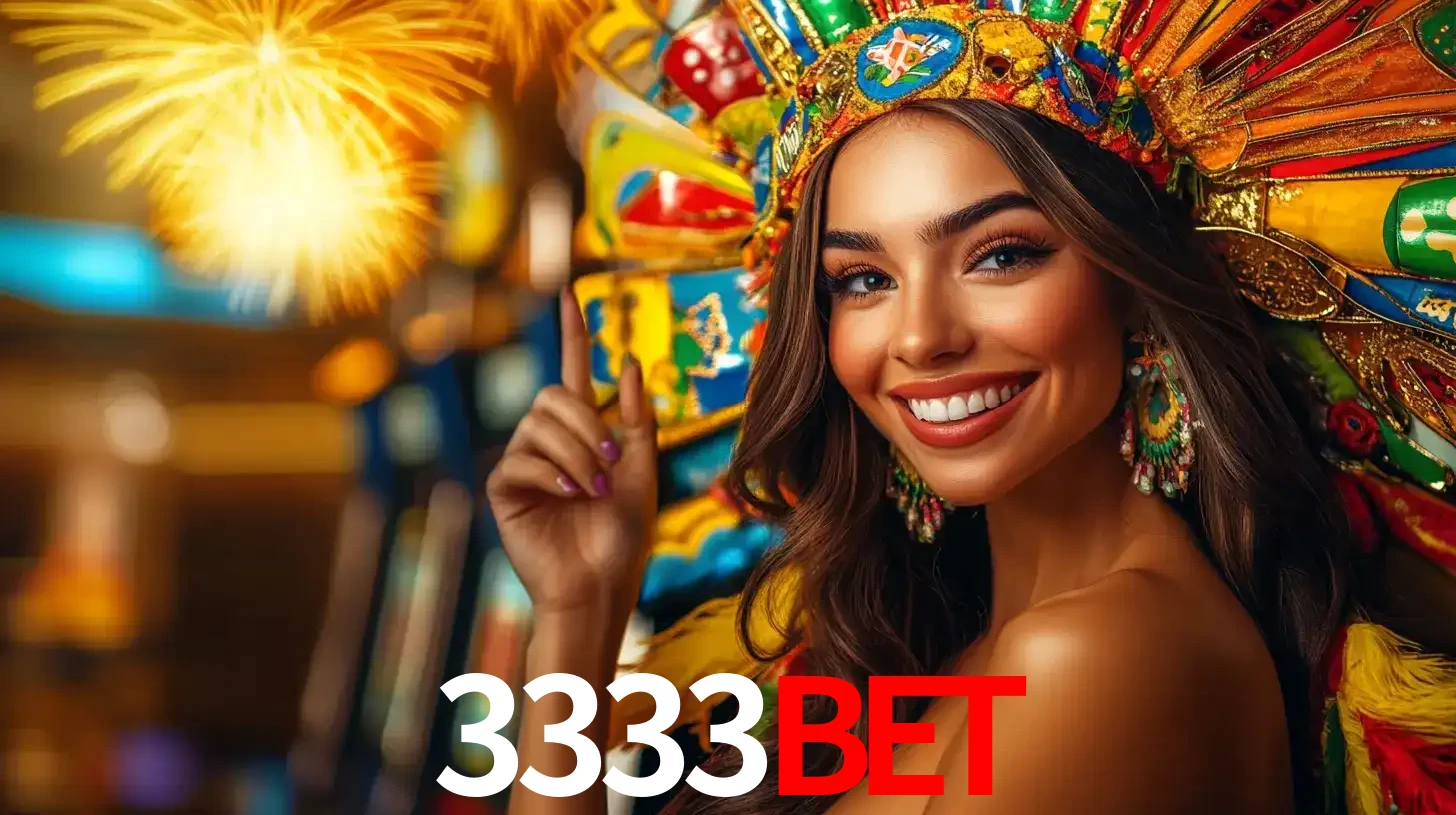 Mulher sorridente com um cocar de carnaval vibrante e colorido, celebrando uma grande vitória nos jogos do cassino 3333BET com fogos de artifício ao fundo.