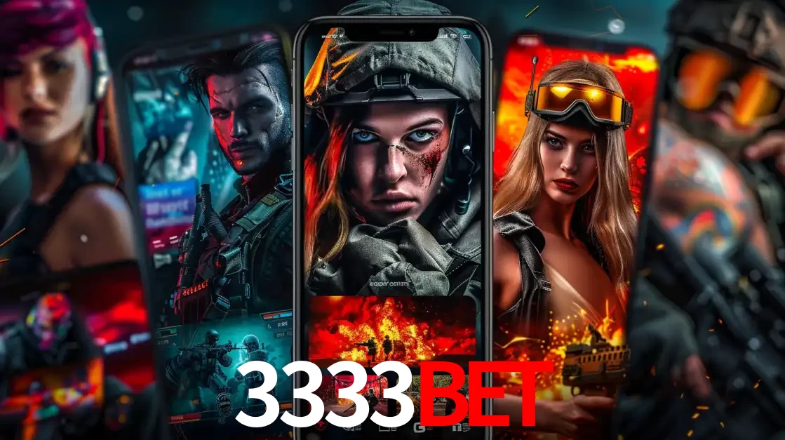 Montagem de telas de celular mostrando diversos personagens, masculinos e femininos, de um jogo de tiro, ilustrando a diversidade de equipes de e-sports para apostar no 3333BET.