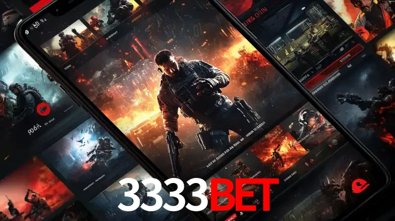 Tela de um celular exibindo uma galeria de jogos de tiro com temática militar, mostrando a variedade de e-sports disponíveis para apostas na plataforma de entretenimento 3333BET.