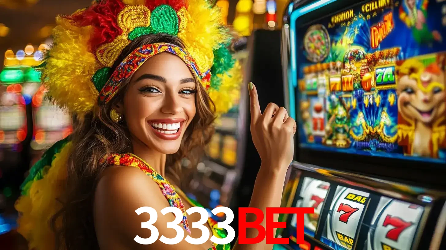 Mulher animada com um cocar de carnaval apontando para uma máquina de caça-níqueis, mostrando a emoção de ganhar um grande prêmio nos jogos do 3333BET.