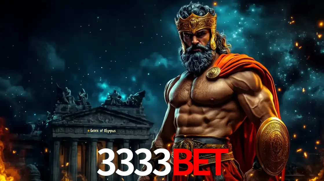 O poderoso Zeus do jogo de slot Gates of Olympus em frente ao seu templo, pronto para lançar multiplicadores divinos e prêmios épicos no cassino online 3333BET.