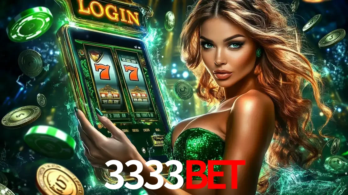 Mulher com tema verde apresentando o aplicativo do cassino 3333BET com um jogo de slot de 777, cercada por fichas de cassino e uma aura de sorte.