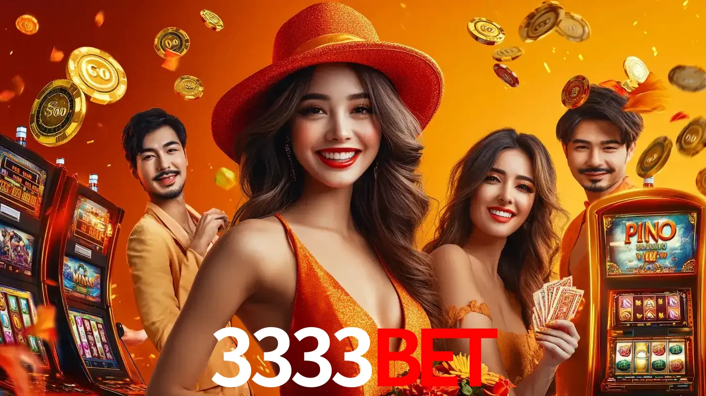 Grupo de amigos asiáticos sorrindo e se divertindo com máquinas de caça-níqueis em um ambiente festivo, celebrando suas vitórias nos jogos de cassino do 3333BET.