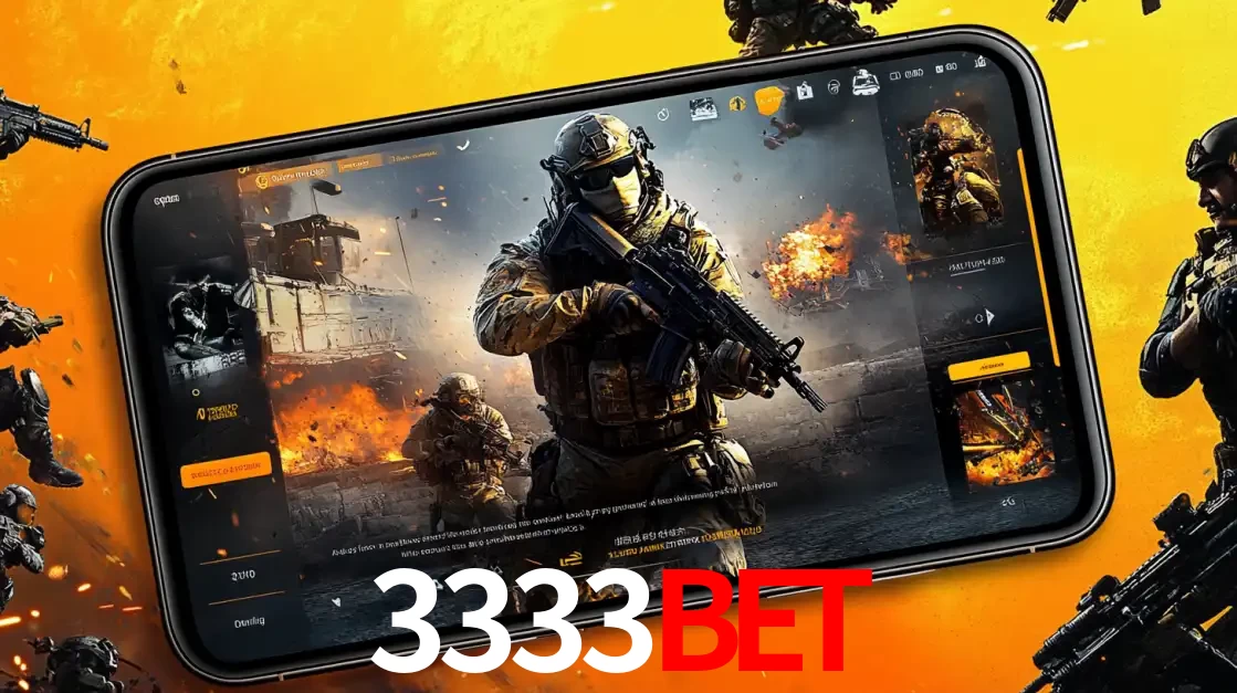 Um smartphone exibindo a interface de um jogo de tiro em primeira pessoa, com um soldado em um cenário de batalha, representando a ação dos e-sports para apostar no 3333BET.