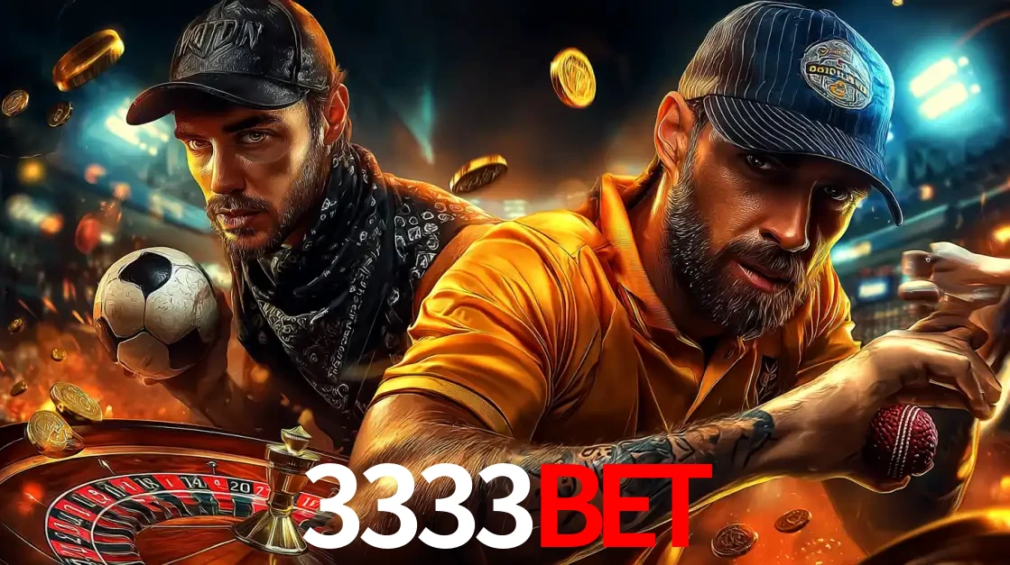 Montagem de apostas esportivas e cassino no 3333BET, com um homem segurando uma bola de futebol e outro uma de beisebol sobre uma roleta e moedas voadoras.