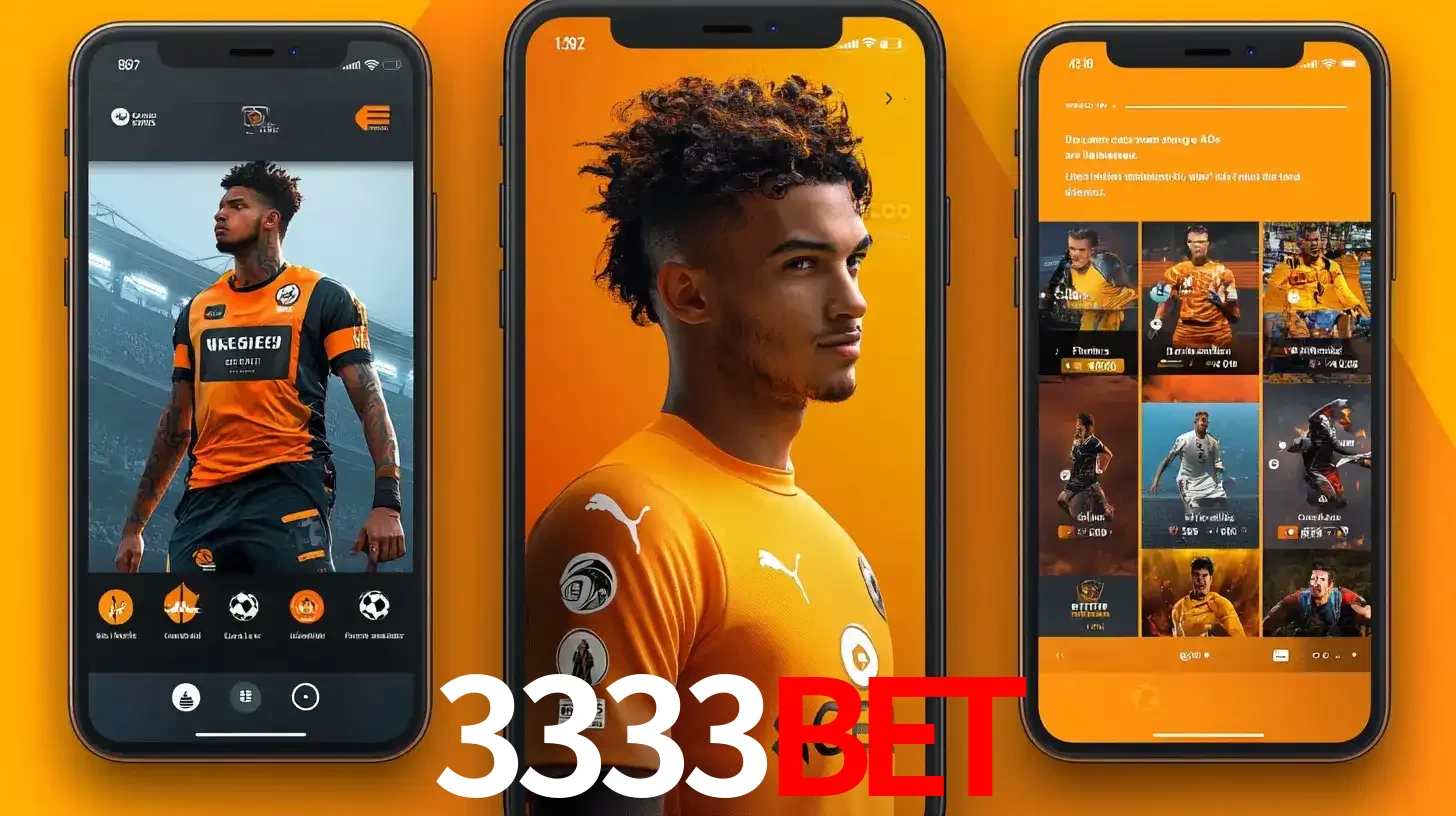 Interface do aplicativo de apostas esportivas 3333BET em três telas de celular, mostrando o perfil de um jogador de futebol e a lista de jogos disponíveis para apostar.