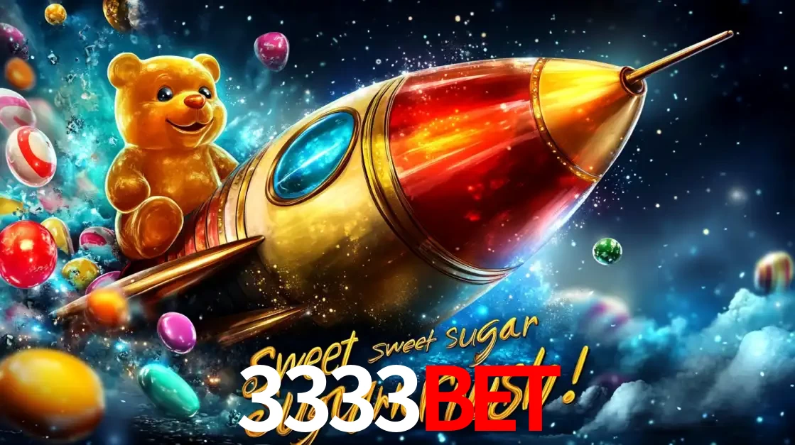 Arte promocional do jogo de slot Sugar Rush, com um urso de pelúcia em um foguete viajando pelo espaço de doces, um dos jogos divertidos disponíveis no cassino 3333BET.
