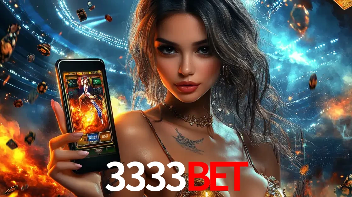 Mulher segurando um celular com um jogo de slot em destaque, tendo como fundo um estádio vibrante, simbolizando a emoção de jogar no cassino móvel 3333BET.