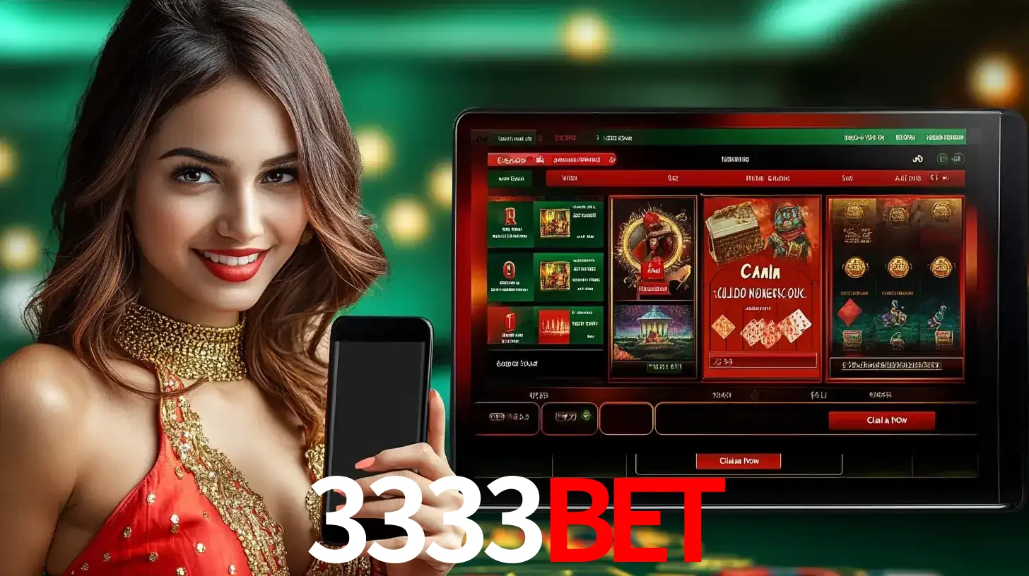 Mulher sorridente segurando um smartphone, ao lado de uma tela exibindo o lobby de jogos do cassino online 3333BET, com várias opções de jogos de cartas e slots.